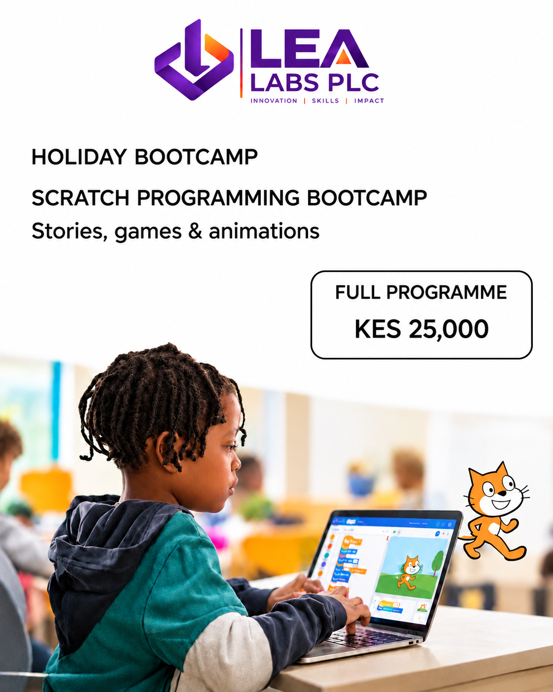 LEA Labs Scratch Programming Bootcamp holiday poster with the full programme price of KES 25,000.
